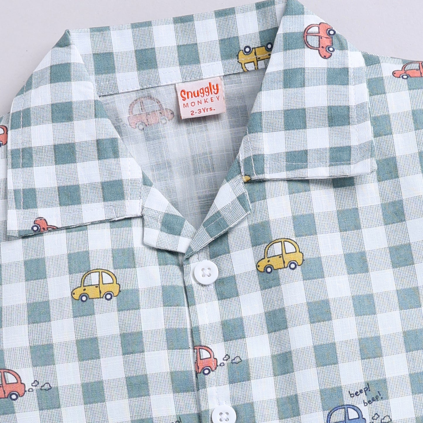 Checkered Car Print Shirt with Solid Shorts - Green