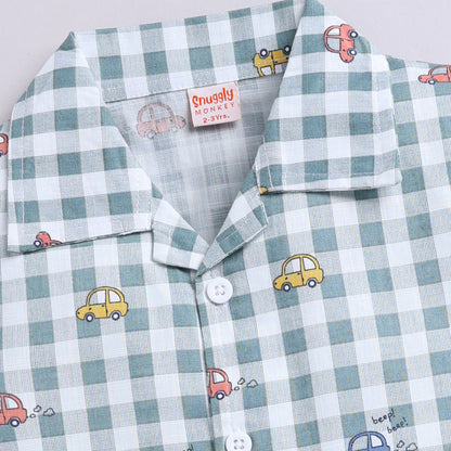 Checkered Car Print Shirt with Solid Shorts - Green