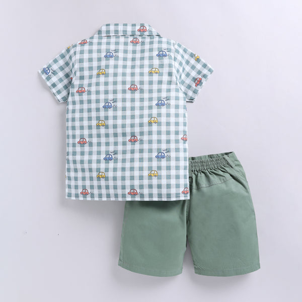 Checkered Car Print Shirt with Solid Shorts - Green