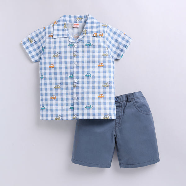 Checkered Car Print Shirt with Solid Shorts - Blue