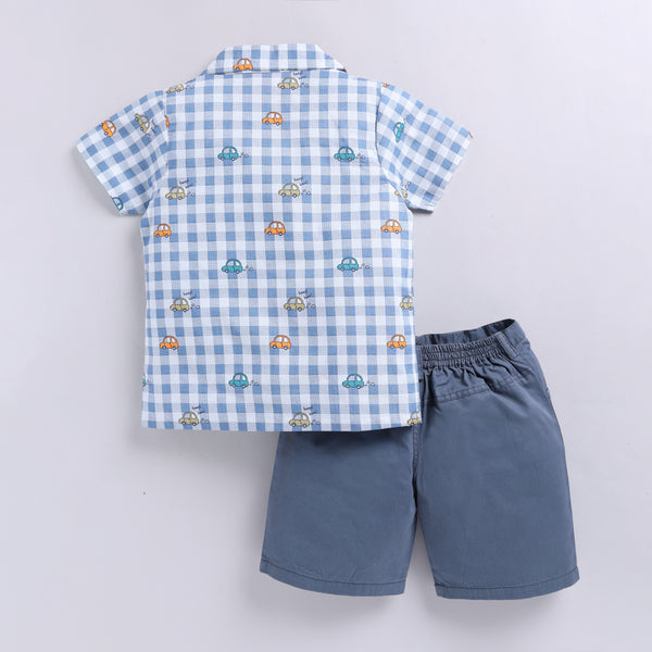 Checkered Car Print Shirt with Solid Shorts - Blue