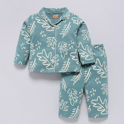 Leaf Print Front-Open Collar Nightsuit