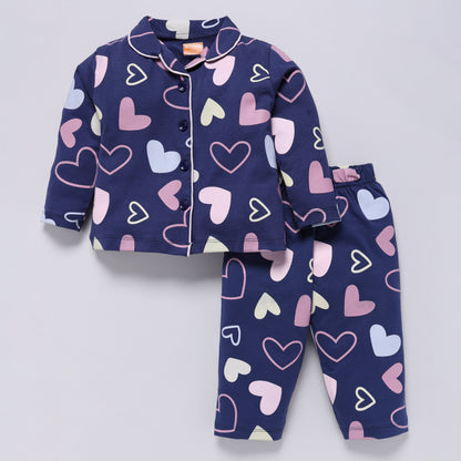 Heart Print Front Open Collared Nightsuit