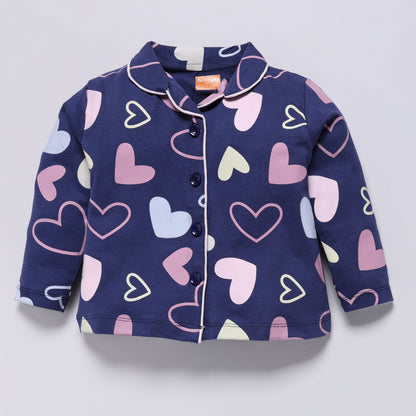 Heart Print Front Open Collared Nightsuit