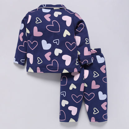Heart Print Front Open Collared Nightsuit