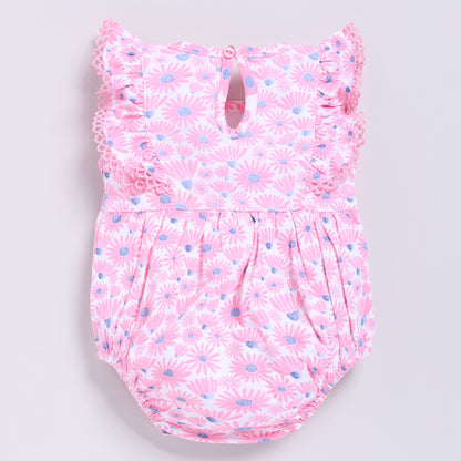 Cute Floral Print Pink Onesie with Lace and Bow