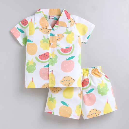 Fruits Theme Shirt with Shorts - White Lime