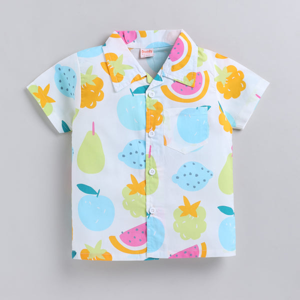 Fruits Theme Shirt with Shorts - White Blue