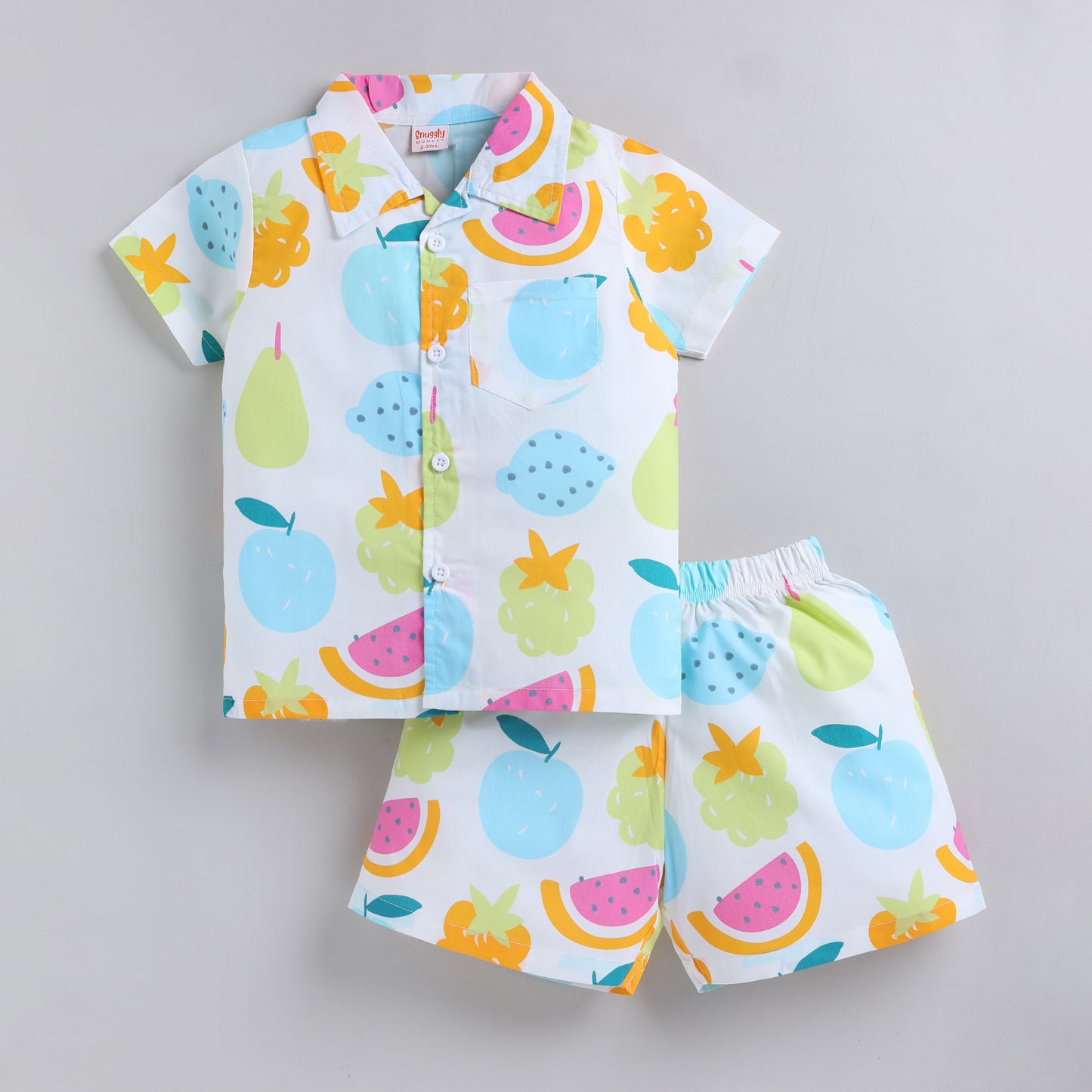 Fruits Theme Shirt with Shorts - White Blue