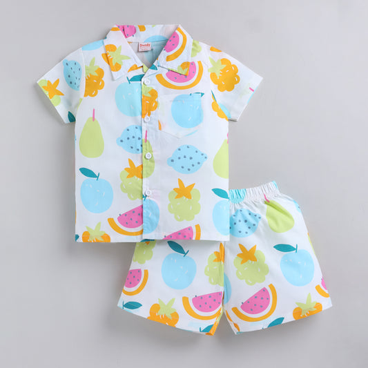 Fruits Theme Shirt with Shorts - White Blue