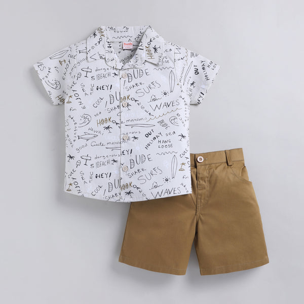 Ocean Theme Text Shirt with Shorts - Beige