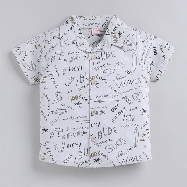 Ocean Theme Text Shirt with Shorts - Beige