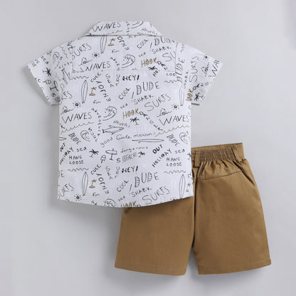 Ocean Theme Text Shirt with Shorts - Beige