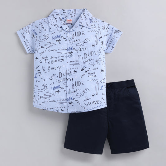 Ocean Theme Text Shirt with Shorts - Blue
