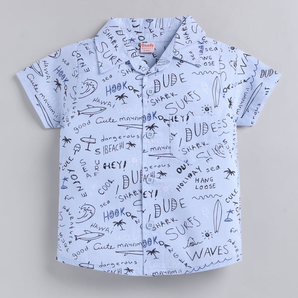 Ocean Theme Text Shirt with Shorts - Blue