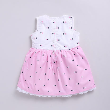 Heart Print Pink & White Dress With Hairband