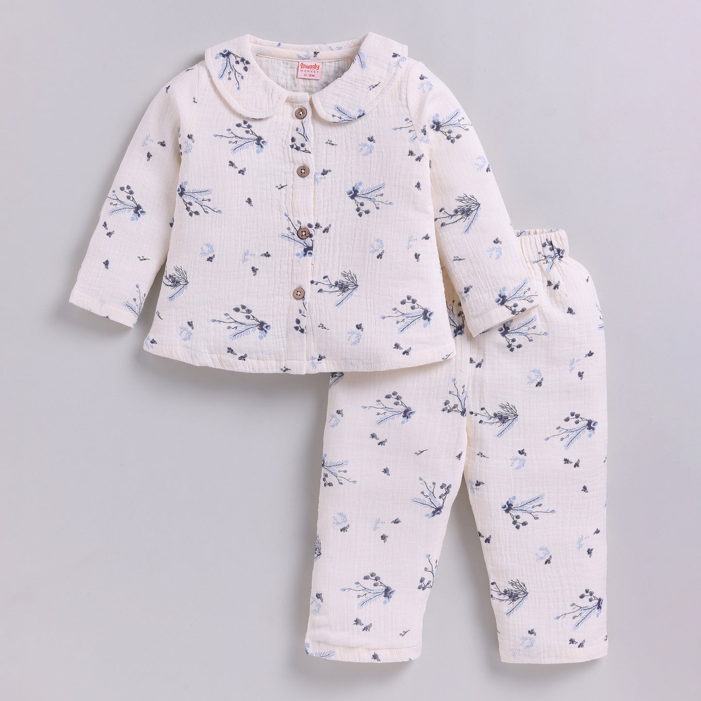 Muslin Cotton Full Floral Girls Nightsuit Set - Blue