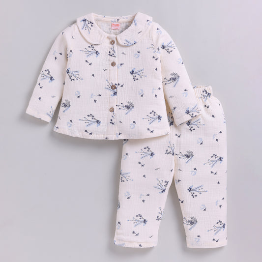 Muslin Cotton Full Floral Girls Nightsuit Set - Blue