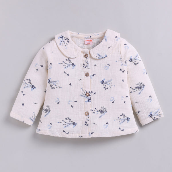 Muslin Cotton Full Floral Girls Nightsuit Set - Blue