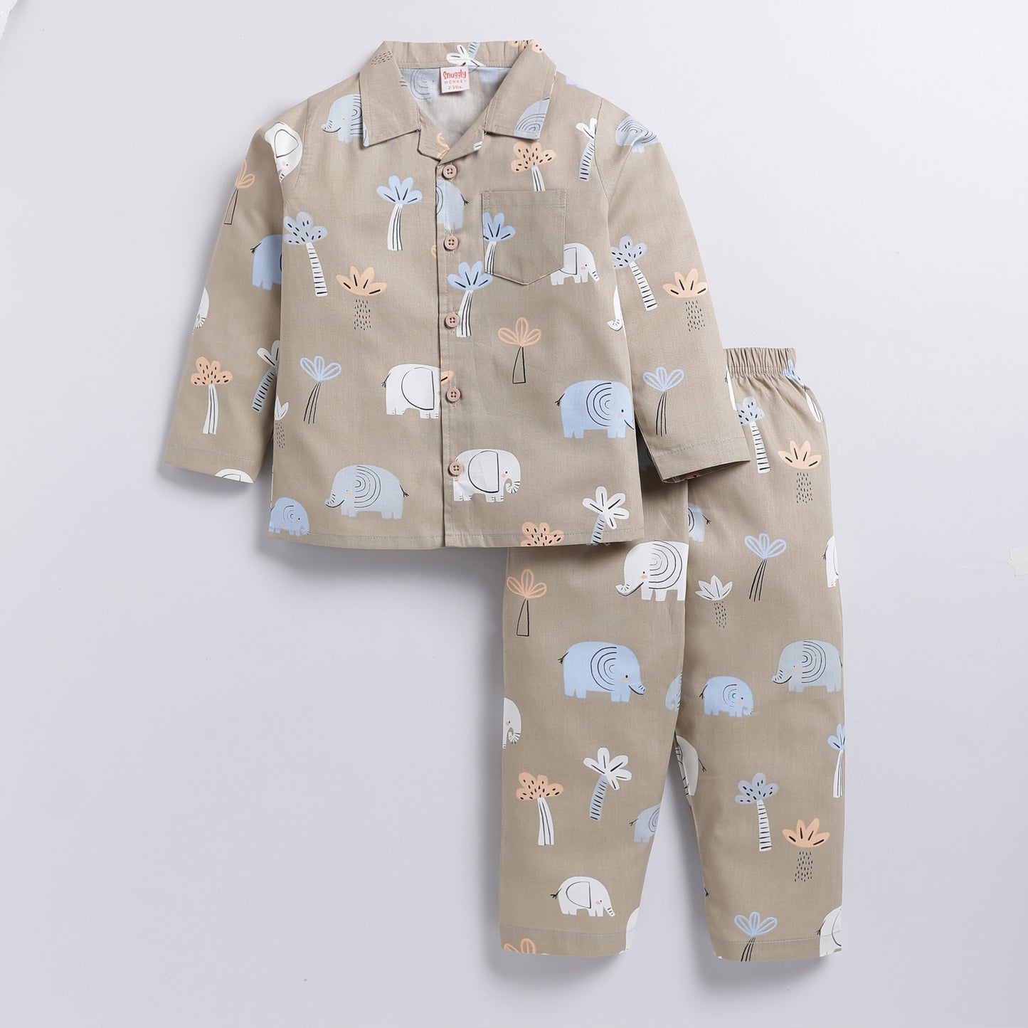 Elephant Safari Print Night Suit - Brown  (9-12M to 5-6Y)