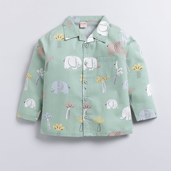Elephant Safari Print Cotton Nightsuit Set - Green ( 9-12M to 5-6Y)