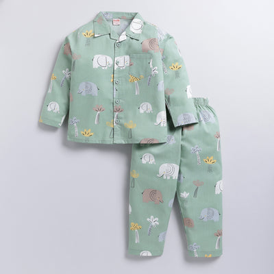 Elephant Safari Print Cotton Nightsuit Set - Green ( 9-12M to 5-6Y)