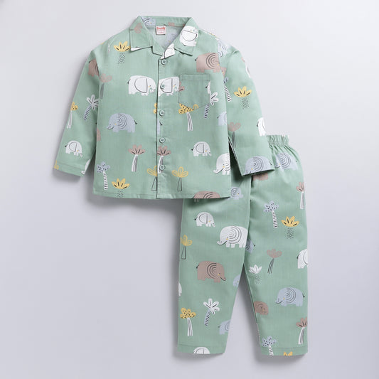 Elephant Safari Print Cotton Nightsuit Set - Green ( 9-12M to 5-6Y)