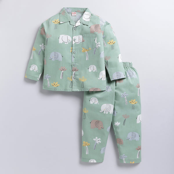 Elephant Safari Print Cotton Nightsuit Set - Green ( 9-12M to 5-6Y)
