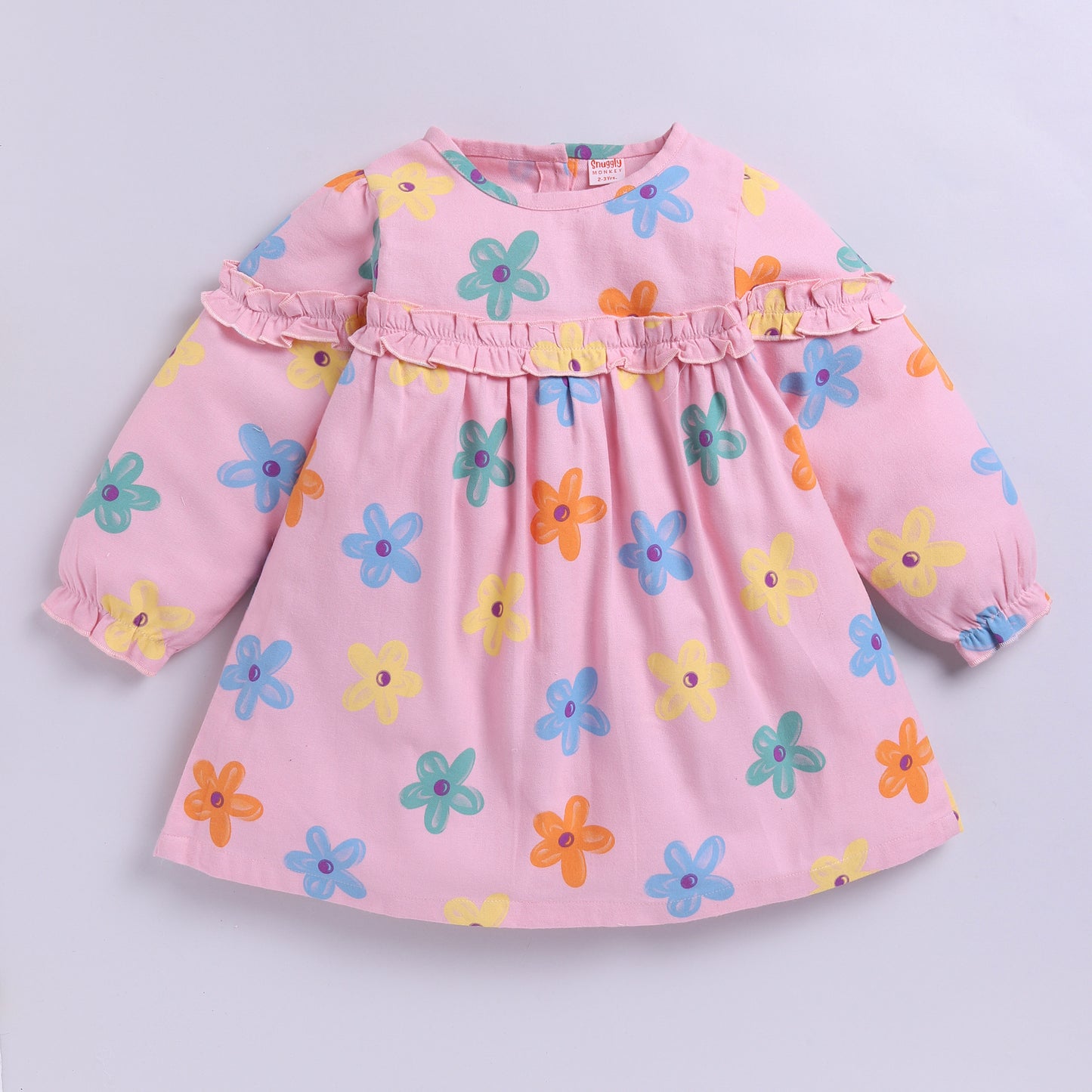Full Sleeves Flower Print Frock | Pink