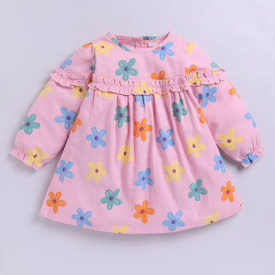 Full Sleeves Flower Print Frock | Pink