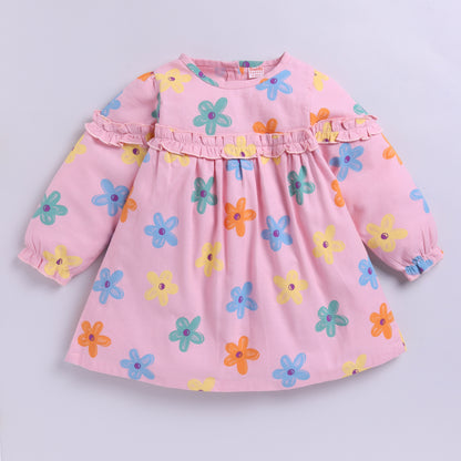 Full Sleeves Flower Print Frock | Pink
