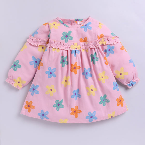 Full Sleeves Flower Print Frock | Pink