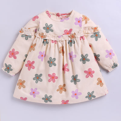 Full Sleeves Flower Print Frock | Beige