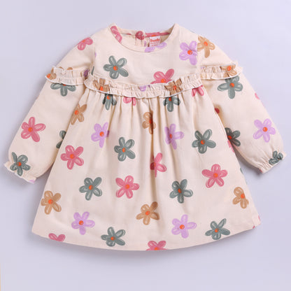 Full Sleeves Flower Print Frock | Beige
