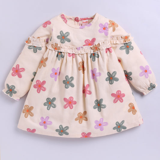 Full Sleeves Flower Print Frock | Beige
