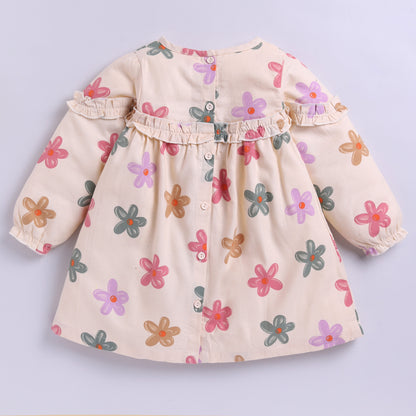 Full Sleeves Flower Print Frock | Beige