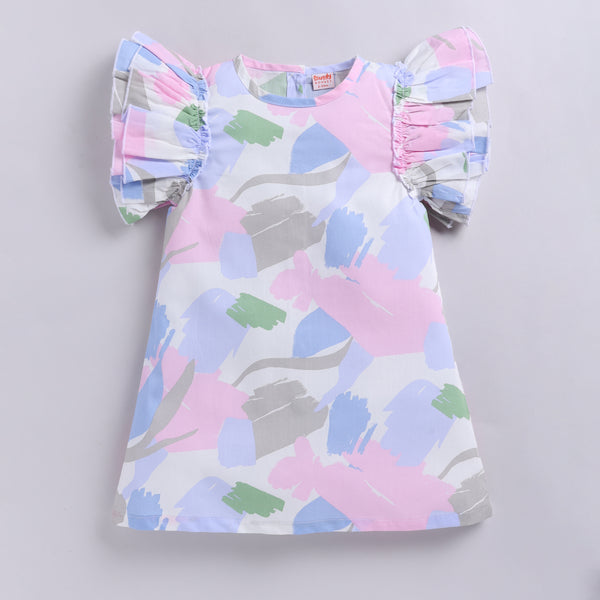 Pastel Print Cotton Frock with Double Flare Sleeves - Pink