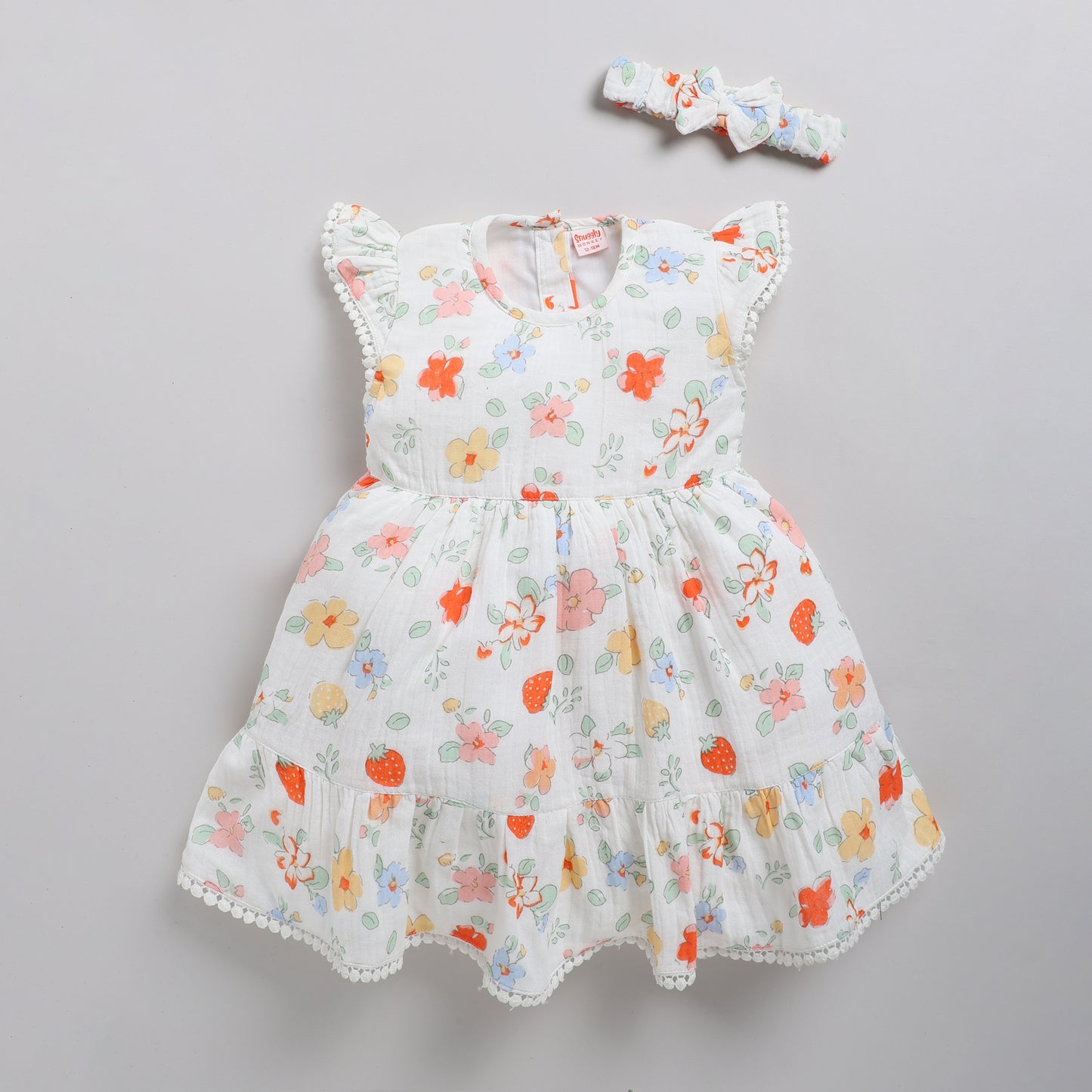 Floral print frock with lace and matching hairband