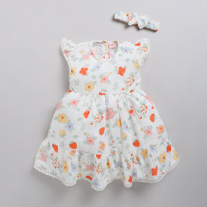 Floral print frock with lace and matching hairband