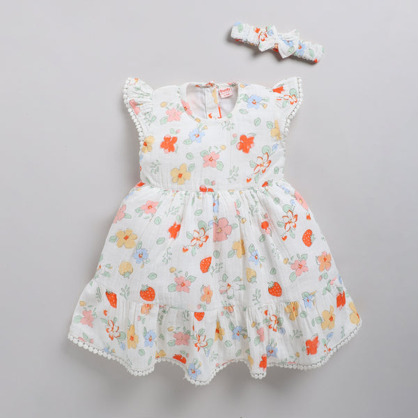 Floral print frock with lace and matching hairband