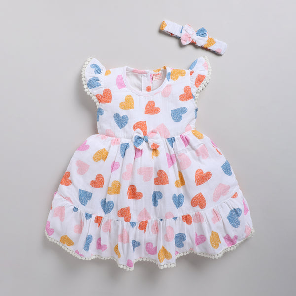 Heart print frock with matching hairband