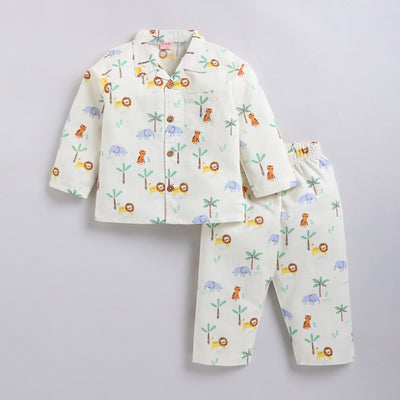 Kids Jungle Print Night Suit Set - Butter white