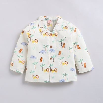 Kids Jungle Print Night Suit Set - Butter white