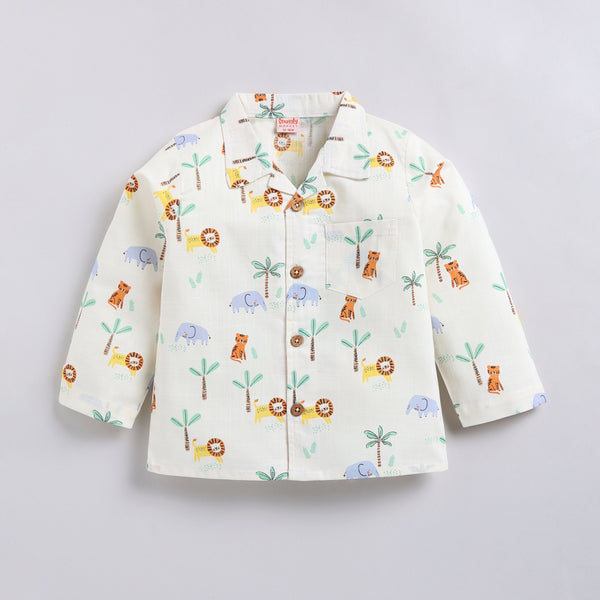 Kids Jungle Print Night Suit Set - Butter white