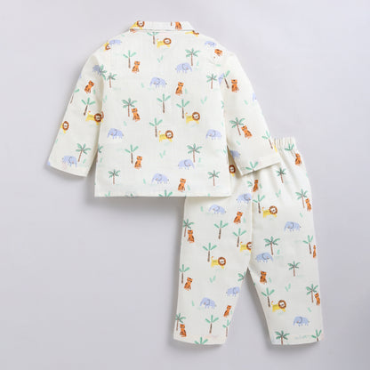 Kids Jungle Print Night Suit Set - Butter white