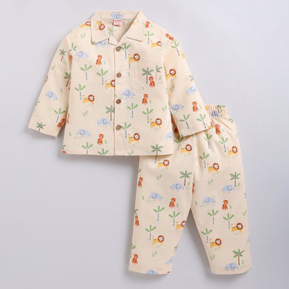 Kids Jungle Print Night Suit Set - Peach