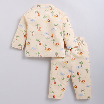 Kids Jungle Print Night Suit Set - Peach