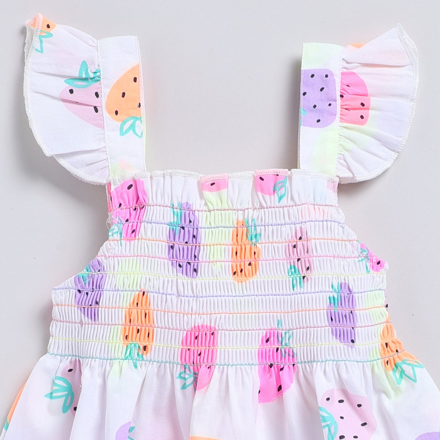 Cute strawberry print casual dress with smocking