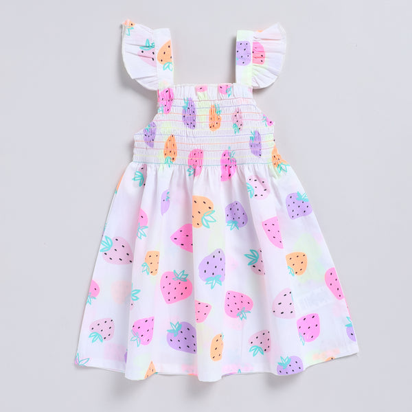 Cute strawberry print casual dress with smocking