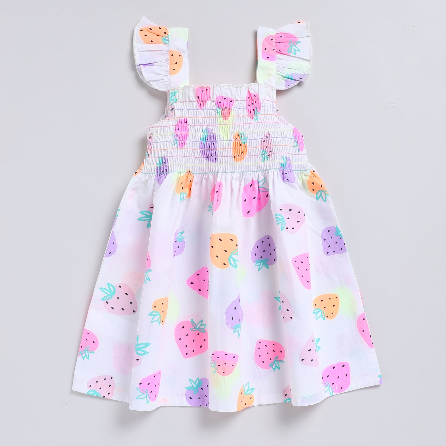 Cute strawberry print casual dress with smocking